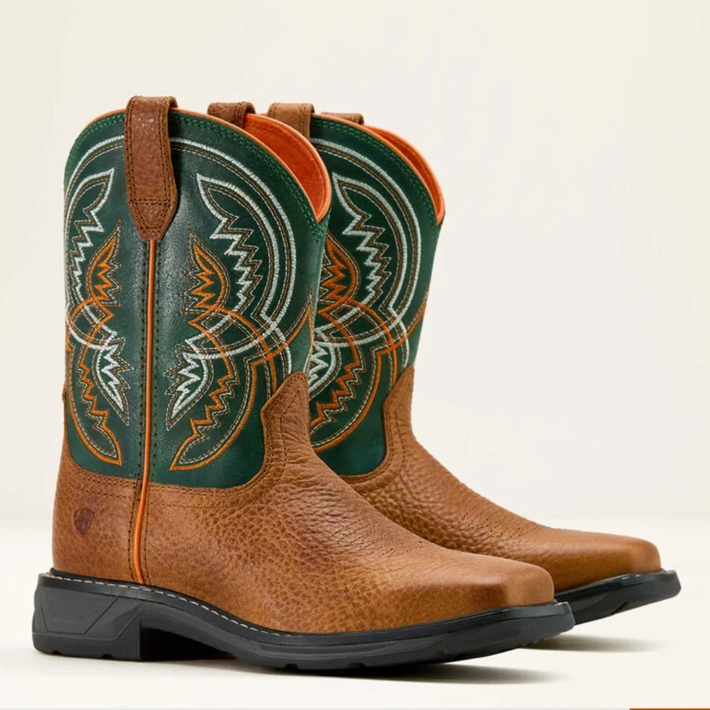 Ariat | Kids Brown Leather Orange/Green Design WorkHog XT Coil Western Boot 3.5